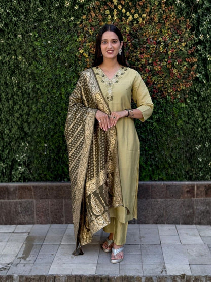 Rajwada Light Olive Green Silk Blend Embroidered Kurta Set For Women