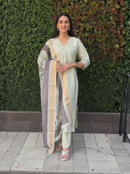 Rajwada Light Pastel Green Silk Blend Embroidered Kurta Set For Women