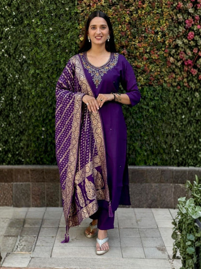 Rajwada Deep Purple Silk Blend Embroidered Kurta Set For Women
