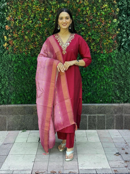 Rajwada Maroon Silk Blend Embroidered Kurta Set For Women
