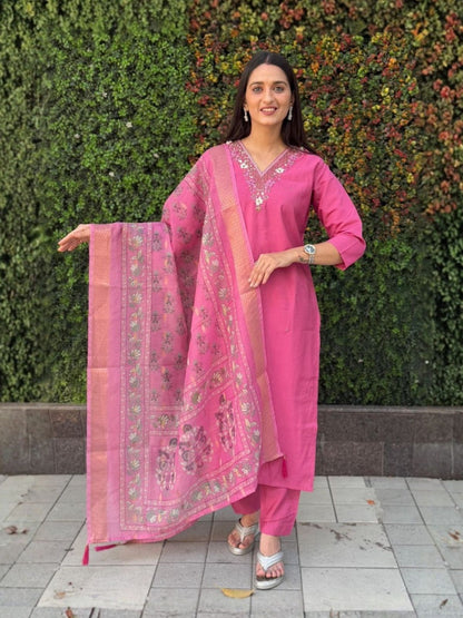 Rajwada Pink Cotton Blend Embroidered Kurta Set For Women