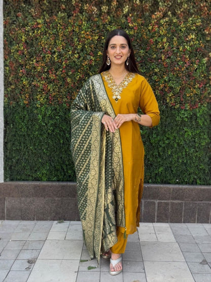 Rajwada Mustard Yellow Silk Blend Embroidered Kurta Set For Women