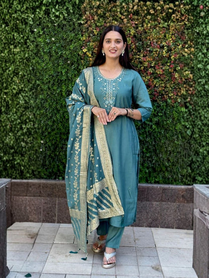 Rajwada Teal Green Silk Blend Embroidered Kurta Set For Women
