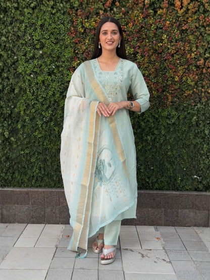 Rajwada Light Blue Cotton Blend Embroidered Kurta Set For Women
