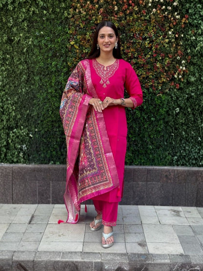 Rajwada Dark Pink Silk Blend Embroidered Kurta Set For Women