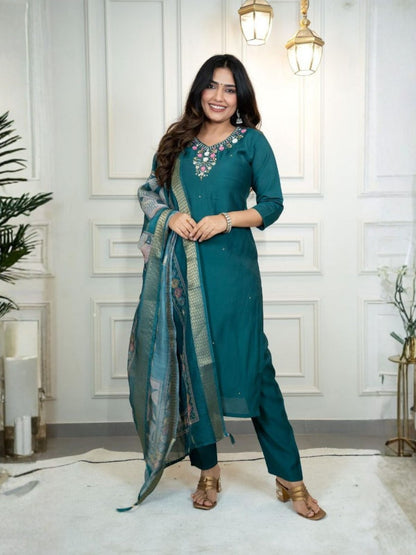 Rajwada Teal Green Silk Blend Embroidered Kurta Set For Women