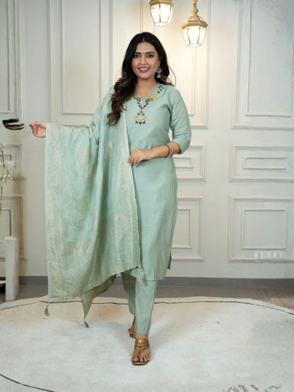 Rajwada Pastel Green Silk Blend Embroidered Kurta Set For Women