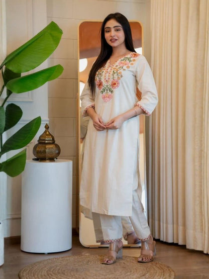 Rajwada White Cotton Blend Embroidered Kurta Set For Women