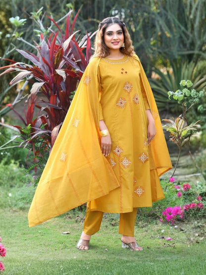 Rajwada Mustard Yellow Silk Blend Embroidered Kurta Set For Women