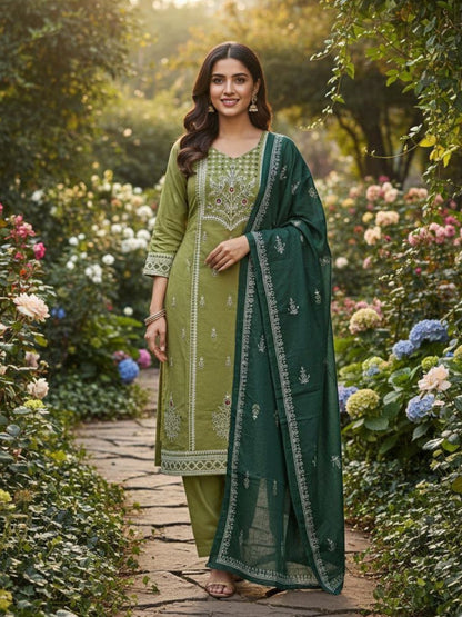 Rajwada Light Olive Green Silk Blend Embroidered Kurta Set For Women