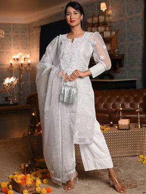 Rajwada Women Grey Organza Chikankari Beads Embroidered Unstitched Kurta Set