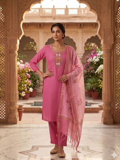 Rajwada Pink Silk Blend Embroidered Kurta Set For Women