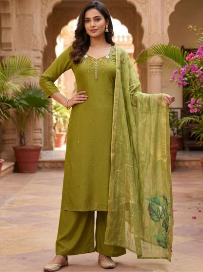 Rajwada Olive Green Silk Blend Embroidered Kurta Set For Women