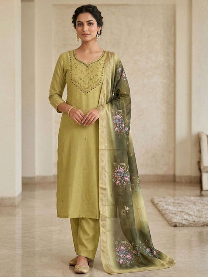 Rajwada Pista Green Silk Blend Embroidered Kurta Set For Women