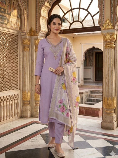 Rajwada Lavender Silk Blend Embroidered Kurta Set For Women