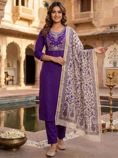 Rajwada Violet Silk Blend Embroidered Kurta Set For Women