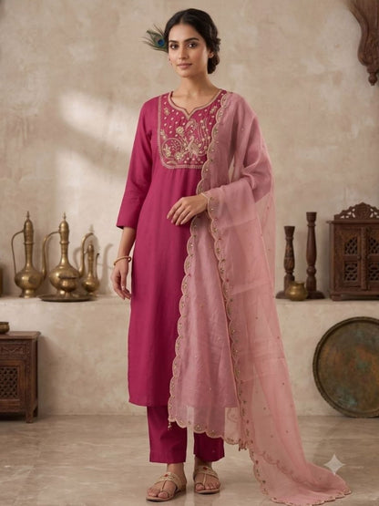 Rajwada Pink Silk Blend Embroidered Kurta Set For Women