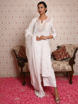Rajwada Women White Georgette Chikankari Beads Embroidered Unstitched Kurta Set