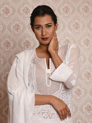 Rajwada Women White Georgette Chikankari Beads Embroidered Unstitched Kurta Set