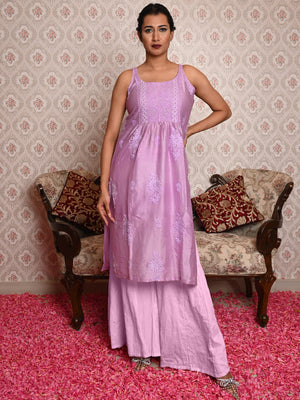 Rajwada Women Purple Cotton Chikankari Beads Embroidered Stitched Kurta With Dupatta