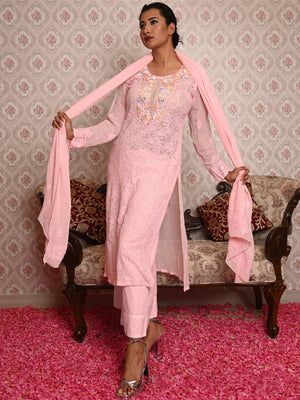 Rajwada Women Pink Georgette Chikankari Mukaish Work Embroidered Stitched Kurta With Dupatta