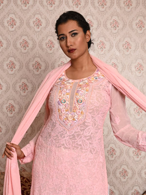Rajwada Women Pink Georgette Chikankari Mukaish Work Embroidered Stitched Kurta With Dupatta