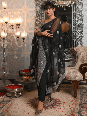 Rajwada Women Black Georgette Chikankari And Gotapatti Embroidered Unstitched Kurta Set