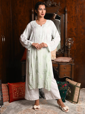 Rajwada Women Light Green Cotton Viscose Chikankari Embroidered Stitched Kurta