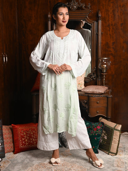 Rajwada Women Light Green Cotton Viscose Chikankari Embroidered Stitched Kurta