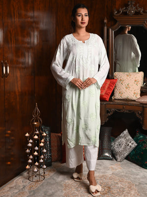 Rajwada Women Light Green Cotton Viscose Chikankari Embroidered Stitched Kurta