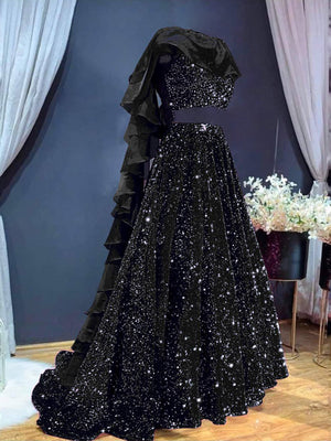 Rajwada Women Black Designer Sequence Semi Stitched Lehenga With Unstitched Blouse