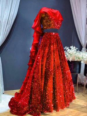 Rajwada Women Red Designer Sequence Semi Stitched Lehenga With Unstitched Blouse