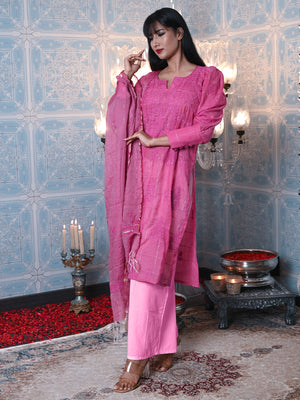 Rajwada Women Pink Voile Chikankari Mukaish Work Embroidered Stitched Kurta With Dupatta