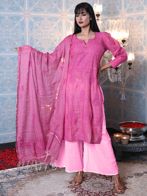 Rajwada Women Pink Voile Chikankari Mukaish Work Embroidered Stitched Kurta With Dupatta
