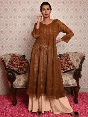 Rajwada Women Brown Voile Chikankari Embroidered Stitched Kurta