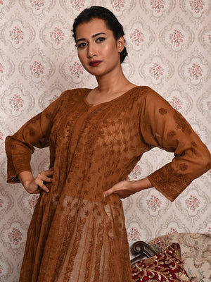 Rajwada Women Brown Voile Chikankari Embroidered Stitched Kurta