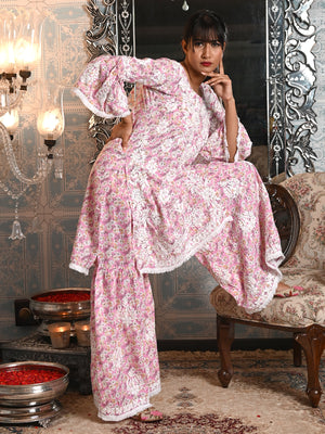 Rajwada Women Pink Cotton Printed Chikankari Embroidered Stitched Kurta With Sharara Pant
