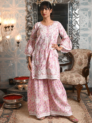 Rajwada Women Pink Cotton Printed Chikankari Embroidered Stitched Kurta With Sharara Pant