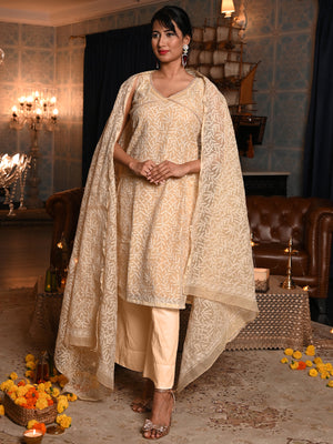 Rajwada Women Chequered Voile Chikankari Mukaish Work Embroidered Stitched Kurta With Dupatta
