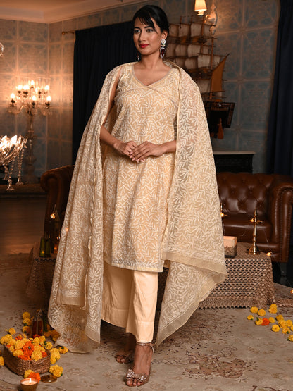 Rajwada Women Chequered Voile Chikankari Mukaish Work Embroidered Stitched Kurta With Dupatta