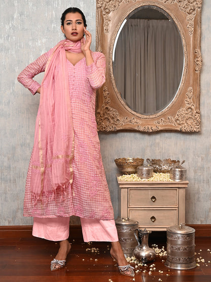 Rajwada Women Pink Shimmer Voile Chikankari Embroidered Unstitched Kurta Set