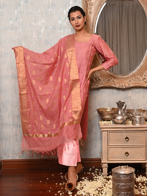 Rajwada Women Pink Polyester Viscose Chikankari Beads Embroidered Unstitched Kurta Set
