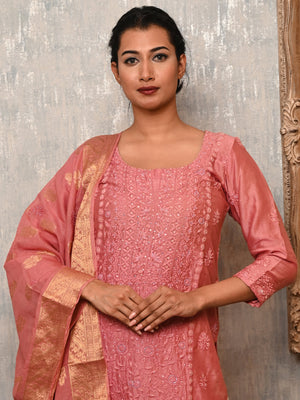 Rajwada Women Pink Polyester Viscose Chikankari Beads Embroidered Unstitched Kurta Set