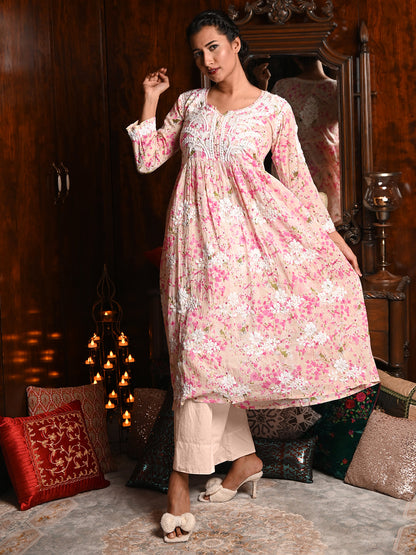 Rajwada Women Multicolor Cotton Printed Chikankari Embroidered Stitched Kurta