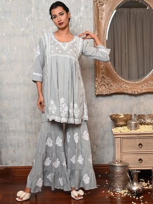 Rajwada Women Grey Viscose Chikankari Embroidered Stitched Kurta With Sharara Pant