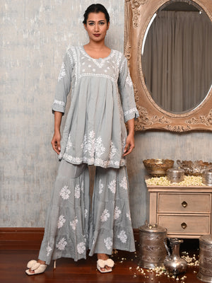 Rajwada Women Grey Viscose Chikankari Embroidered Stitched Kurta With Sharara Pant