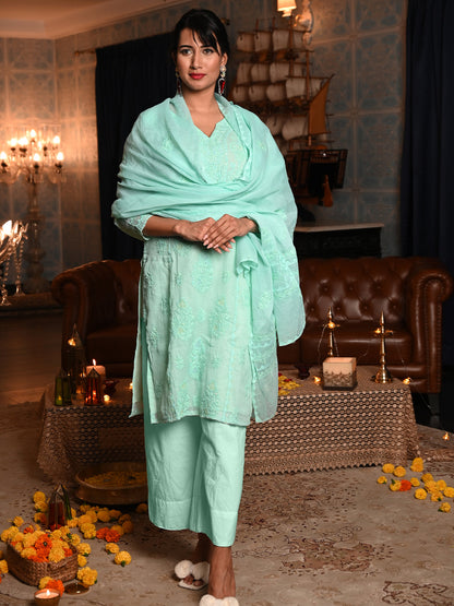Rajwada Women Sea Green Chequered Voile Chikankari Beads Embroidered Stitched Kurta With Dupatta