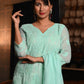 Rajwada Women Sea Green Chequered Voile Chikankari Beads Embroidered Stitched Kurta With Dupatta