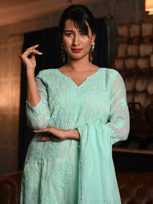 Rajwada Women Sea Green Chequered Voile Chikankari Beads Embroidered Stitched Kurta With Dupatta