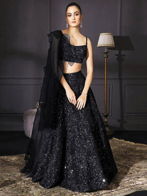 Rajwada Women Black Designer Sequence Semi Stitched Lehenga With Unstitched Blouse